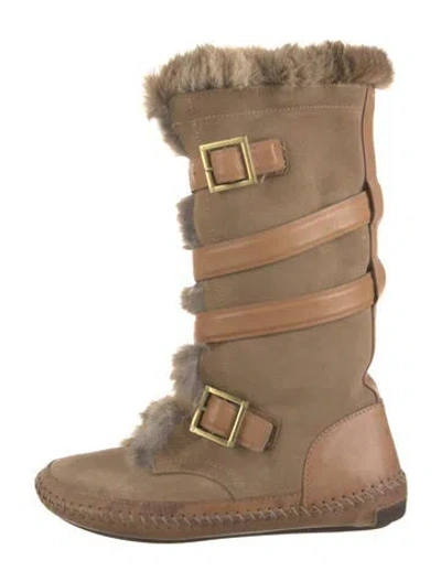 Pre-owned Tory Burch Suede Fur Trim Boots In Brown