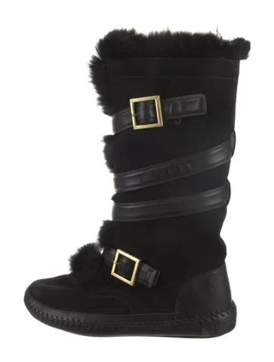 Pre-owned Tory Burch Suede Fur Trim Lace-up Boots In Black