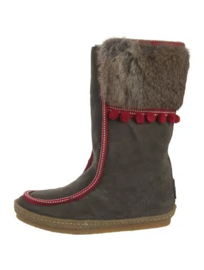 Pre-owned Tory Burch Suede Fur Trim Rain Boots In Brown
