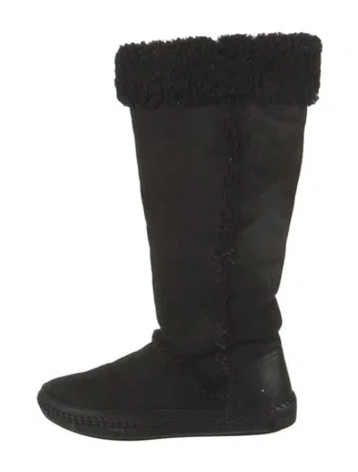 Pre-owned Tory Burch Suede Fur Trim Slouch Boots In Black