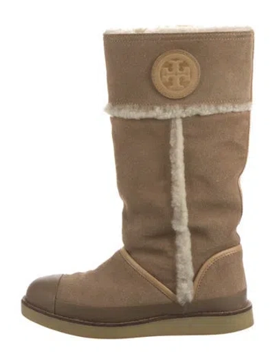 Pre-owned Tory Burch Suede Fur Trim Snow Boots In Neutral
