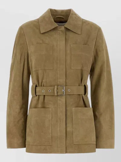 Tory Burch Suede Jacket Belted Waist Collared Neck In Brown