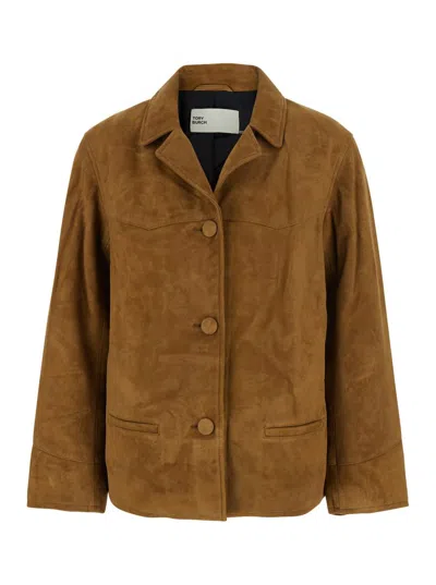 TORY BURCH BEIGE JACKET WITH NOTCHED REVERS IN SUEDE WOMAN