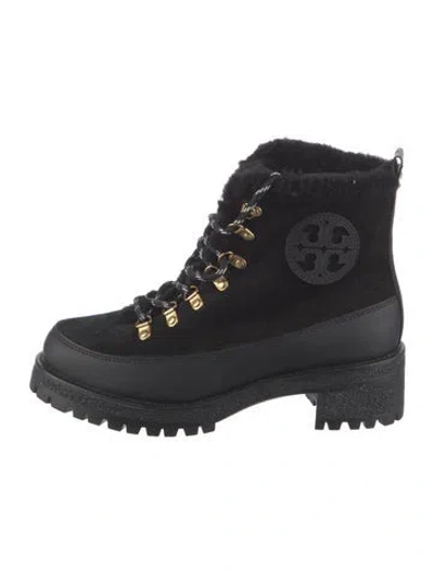 Pre-owned Tory Burch Suede Lace-up Boots In Black