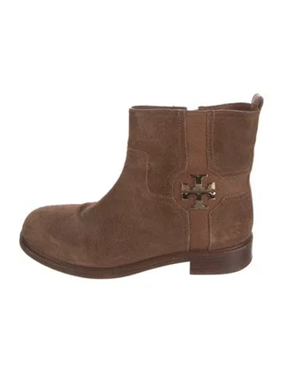 Pre-owned Tory Burch Suede Leather Trim Embellishment Moto Boots In Brown