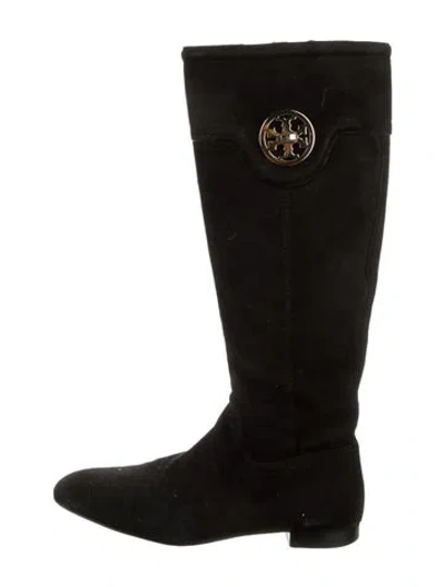 Pre-owned Tory Burch Suede Leather Trim Embellishment Riding Boots In Black