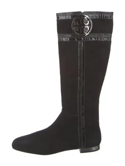 Pre-owned Tory Burch Suede Leather Trim Embellishment Riding Boots In Black