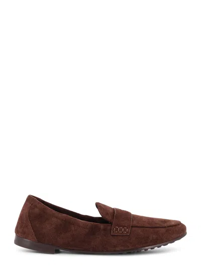 Tory Burch Suede Loafer With Metal Logo Detail In Brown