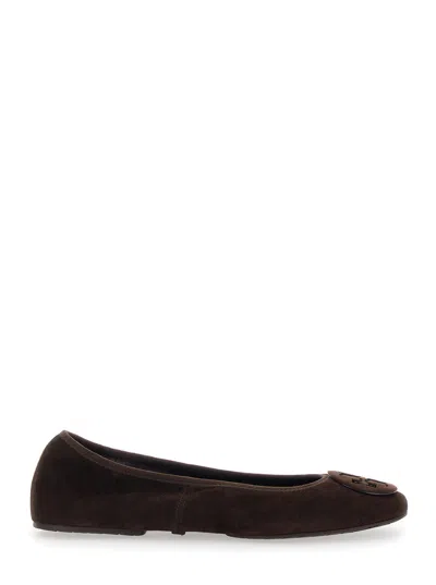 Tory Burch Suede Logo Plaque Ballerina Flats With Elastic Slip-on Design In Brown