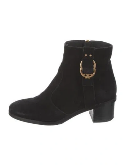 Pre-owned Tory Burch Suede Moto Boots In Black