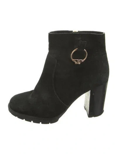 Pre-owned Tory Burch Suede Moto Boots In Black/green