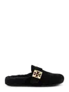 Tory Burch Mellow Logo Plaque Shearling Flat Mules In Black