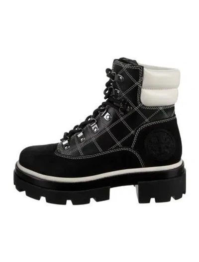 Pre-owned Tory Burch Suede Patterned Hiking Boots In Black