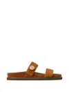 Tory Burch Romy Brown Sandals With Logo Plaque On The Front In Suede Woman In Multi