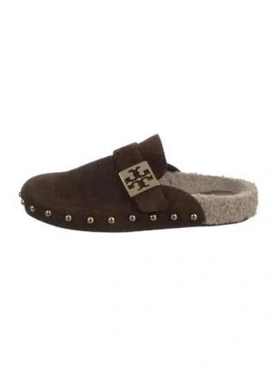Pre-owned Tory Burch Suede Slides In Brown