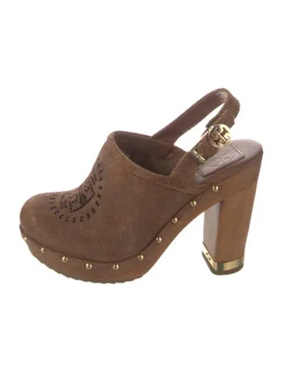 Pre-owned Tory Burch Suede Studded Accents Mules In Brown