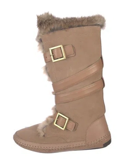 Pre-owned Tory Burch Suede Whipstitch Trim Lace-up Boots In Neutral