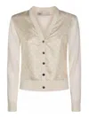 Tory Burch Silk And Wool Cardigan With Logos In Beige