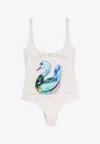 Tory Burch Swan Print One-piece Swimsuit In White