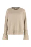 Tory Burch Sweater With A Round Neck In Merino Wool In Sand