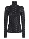 Tory Burch Turtleneck Long Sleeve Fitted Patterned Top In Black