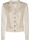Tory Burch Patterned V Neck Cardigan In Beige