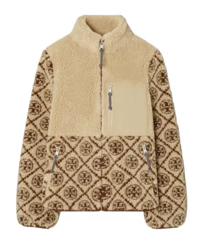 Tory Burch T Letter Combination Fleece Jacket In Nude