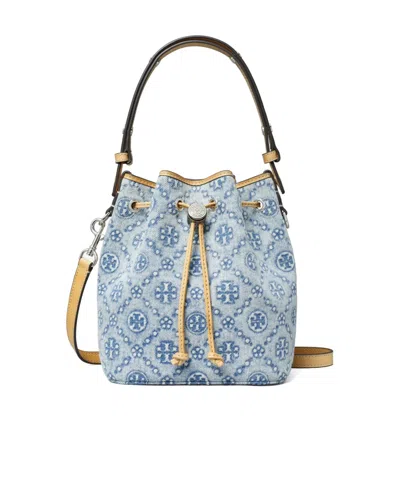 Tory Burch T-letter Denim Bucket Bag In Blue