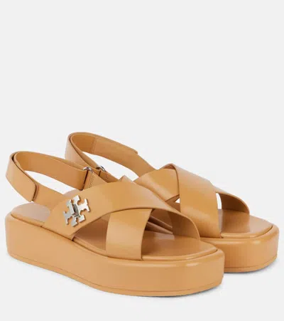Tory Burch Leather T Lock Sandals With Cross Strap Design In Brown