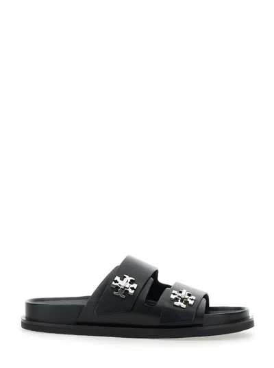 TORY BURCH 'TURNLOCK' BLACK SANDALS WITH DOUBLE STRAP AND LOGO PLAQUE IN LEATHER WOMAN