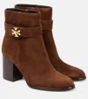 Tory Burch 90mm Logo-plaque Suede Ankle Boots In Brown