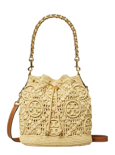 TORY BURCH 'T MONOGRAM' BEIGE CROSSBODY BAG WITH LOGO EMBROIDERY AND CHAIN-LINK HANDLE IN RAFFIA WOMAN