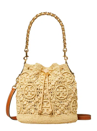 Tory Burch T Monogram Beige Crossbody Bag With Logo Embroidery And Chain-link Handle In Raffia Woman