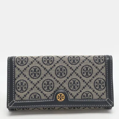 Pre-owned Tory Burch T Monogram Blue Canvas And Leather Wallet On Strap