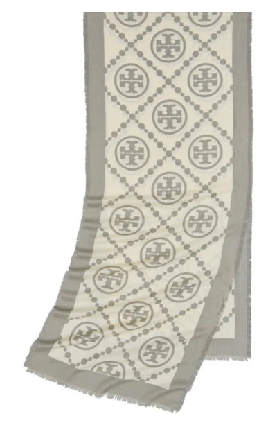 Tory Burch T-monogram Bordered Oblong Scarf In Gray