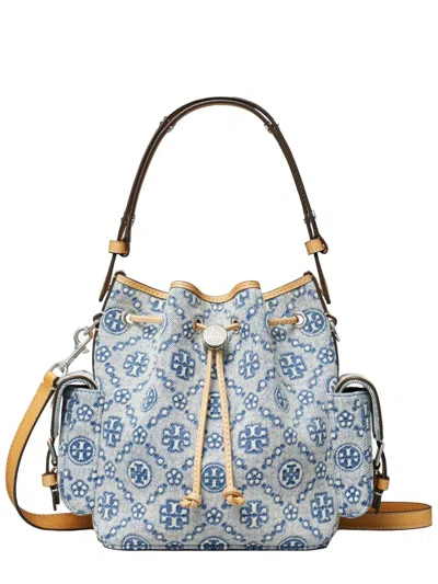 Tory Burch Women Pockets T Monogram Denim Bucket Bag In Blue