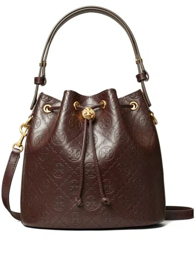 Tory Burch T Monogram Bucket Bag In Deep Maroon/gold