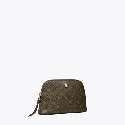 Tory Burch T Monogram Coated Canvas Small Dome Cosmetic Case In Brown