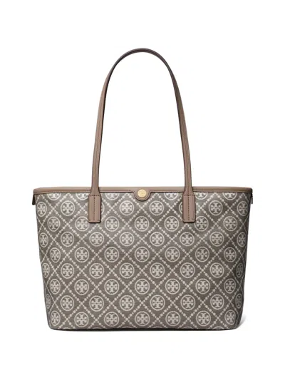 Tory Burch T Monogram Coated Jacquard Small Zip Tote Bag In Brown