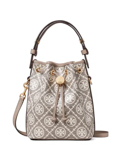 Tory Burch T Monogram Coated-jacquard Mini Bucket Bag In Brown
