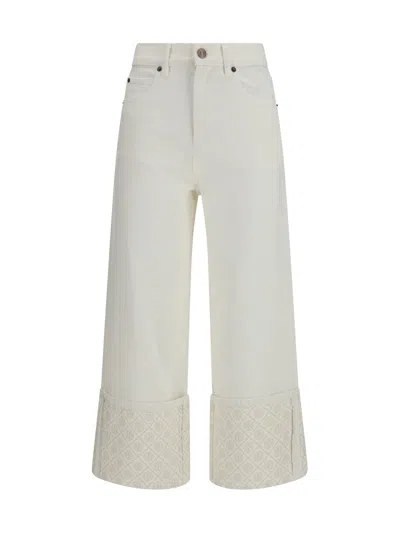 Tory Burch T Monogram Contrast Cuff Jeans In White