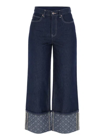 Tory Burch T Monogram Contrast Cuff Straight Leg Jean In Blue
