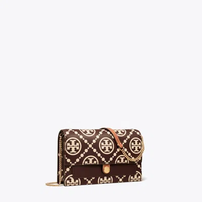 Tory Burch T Monogram Contrast Embossed Chain Wallet In Deep Maroon/new Cream