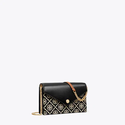 Tory Burch T Monogram Contrast Embossed Envelope Chain Wallet In Black/new Cream