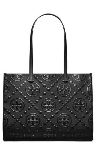 Tory Burch T Monogram Contrast Embossed Leather Tote In Black