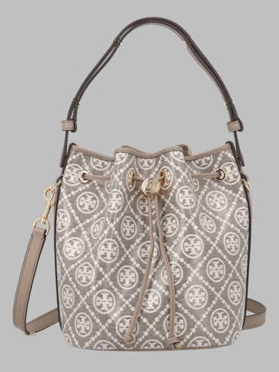 Tory Burch T Monogram Cotton Bucket Bag In Gray