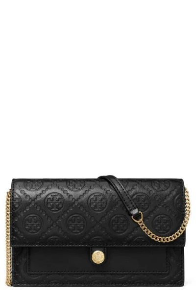 Tory Burch T Monogram Debossed Wallet On A Chain In Black