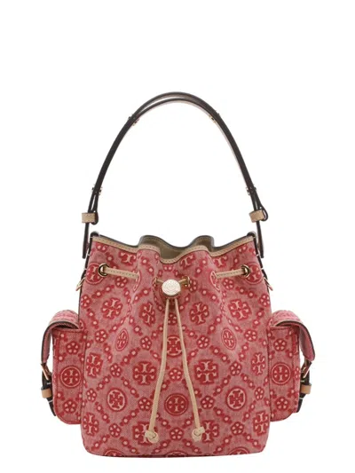 Tory Burch T Monogram Denim Bucket Bag In Red