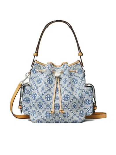 Tory Burch T Monogram Denim Bucket Bag With Pockets In Purple