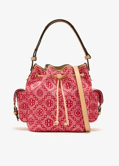 Tory Burch T Monogram Denim Bucket Handbag With Pockets In Red